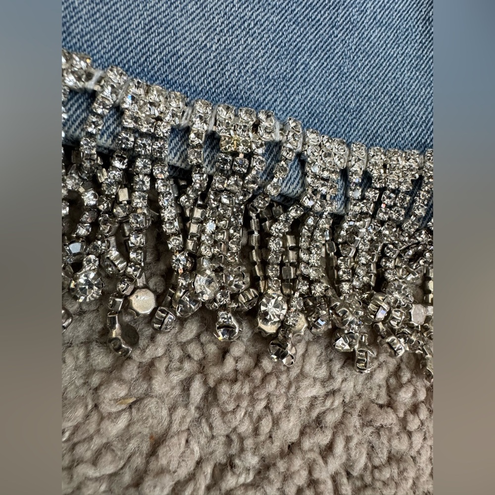 Ashro 20W Light Wash Denim Jeans | Rhinestone Fringe Hem Plus Size Statement - Picture 3 of 7